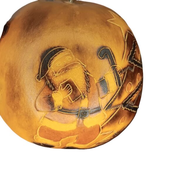 Handcarved Gourd Christmas Ornament Santa Stocking Bells 2.5" X 2.5" Brown - Picture 8 of 9